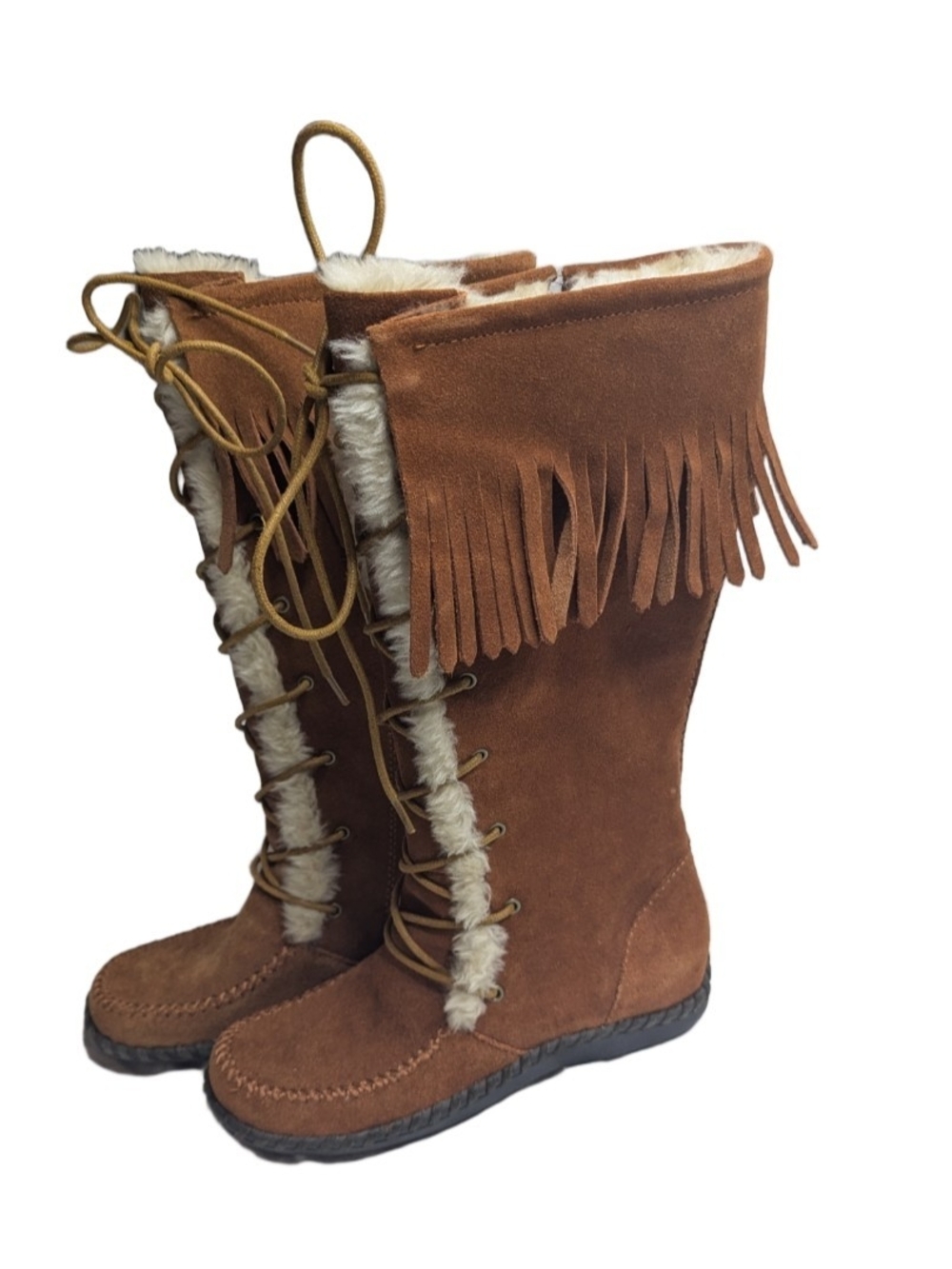 Minnetonka Women’s Front Lace Knee High Boot Soft Suede Fringe Boots  Size 6